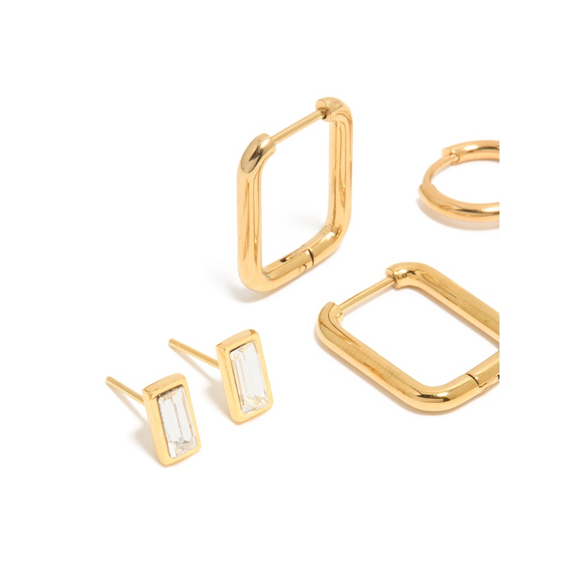 Waterproof Gold Plated Stainless Steel Cubic Zirconia Stud & Hoop Earrings 3-Pack