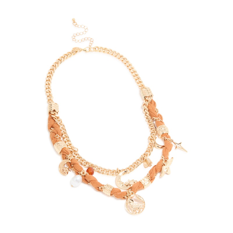Gold Orange Woven Fabric Charm Layered Necklace