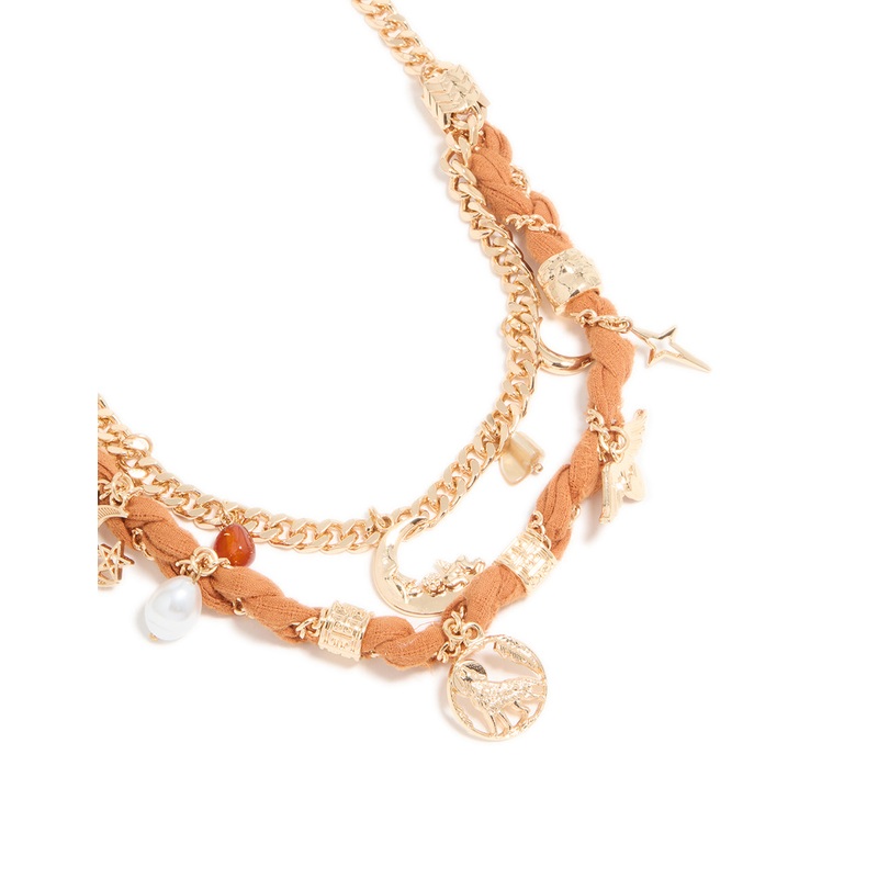 Gold Orange Woven Fabric Charm Layered Necklace