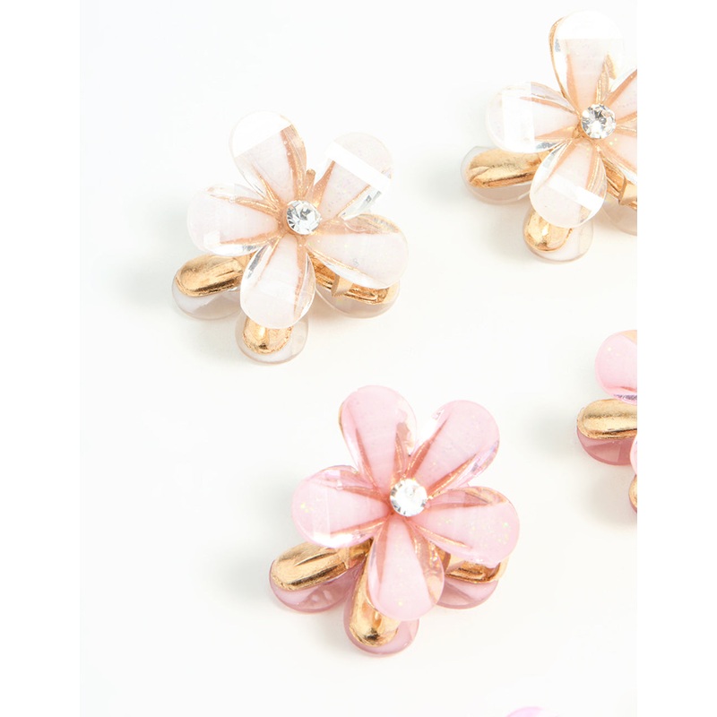 Gold Pink Diamante Mini Flower Claw Clips 6-Pack