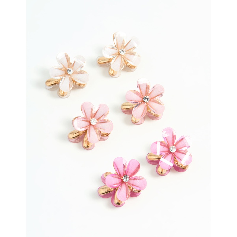 Gold Pink Diamante Mini Flower Claw Clips 6-Pack