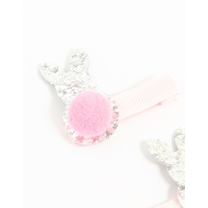 Kids Fabric Pom Pom & Sparkly Easter Bunny Hair Clips 2-Pack