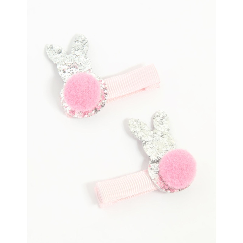 Kids Fabric Pom Pom & Sparkly Easter Bunny Hair Clips 2-Pack
