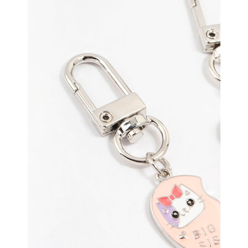 Kids Pink & Blue Sister Silver Keyrings