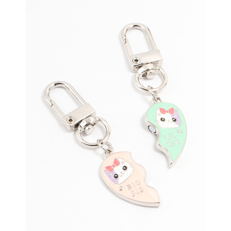 Kids Pink & Blue Sister Silver Keyrings