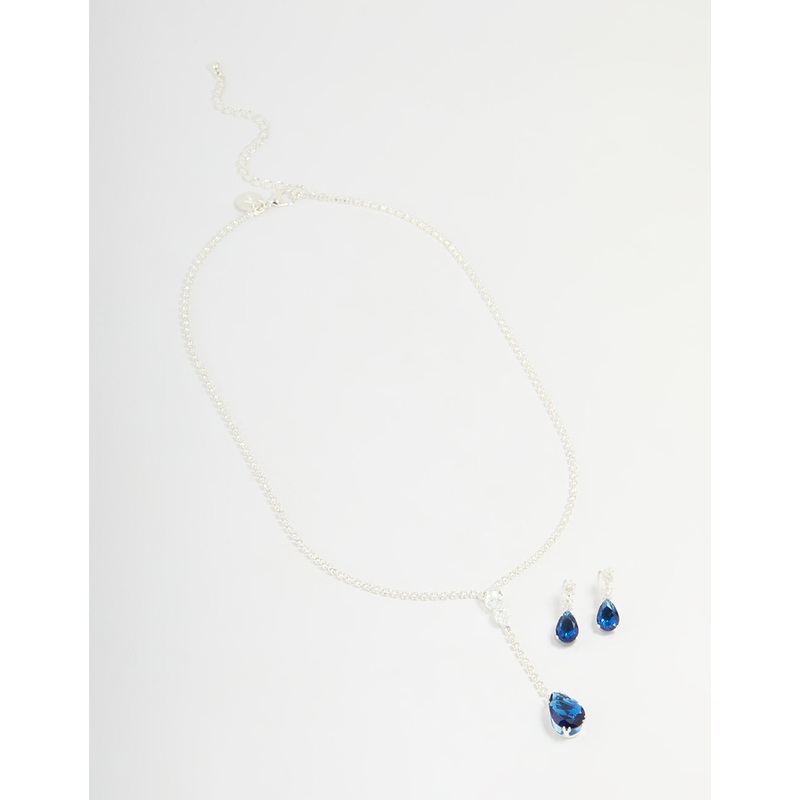 Silver Blue Cubic Zirconia Pear Y-Necklace & Earrings Set