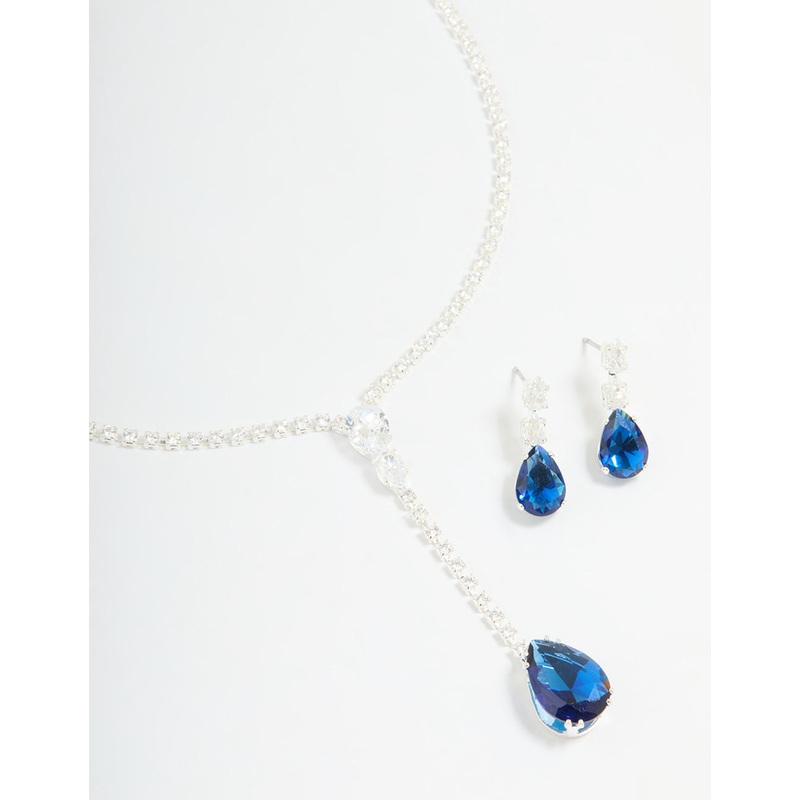Silver Blue Cubic Zirconia Pear Y-Necklace & Earrings Set