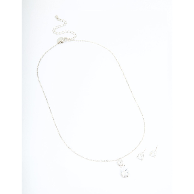 Silver Cubic Zirconia Classic Teardrop Earrings & Necklace Set