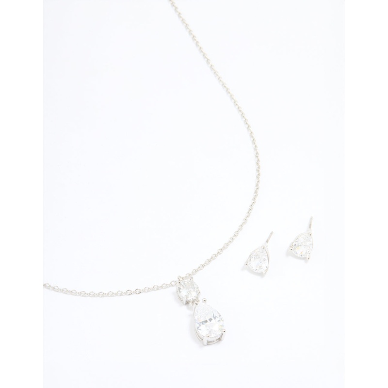 Silver Cubic Zirconia Classic Teardrop Earrings & Necklace Set