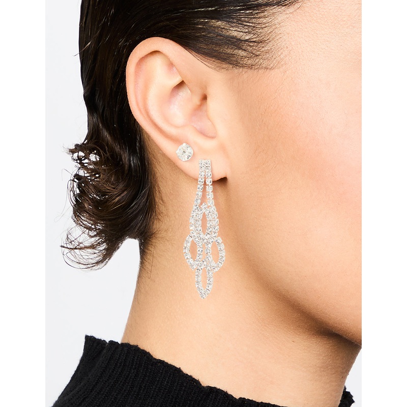 Silver Ornate Diamante Drop & Stud Earrings 2-Pack