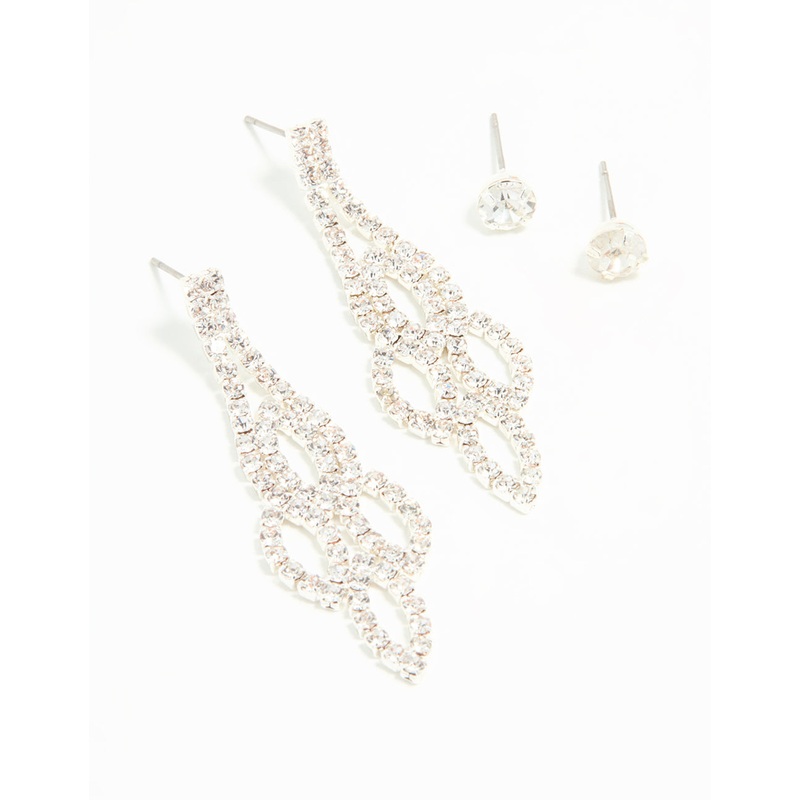 Silver Ornate Diamante Drop & Stud Earrings 2-Pack