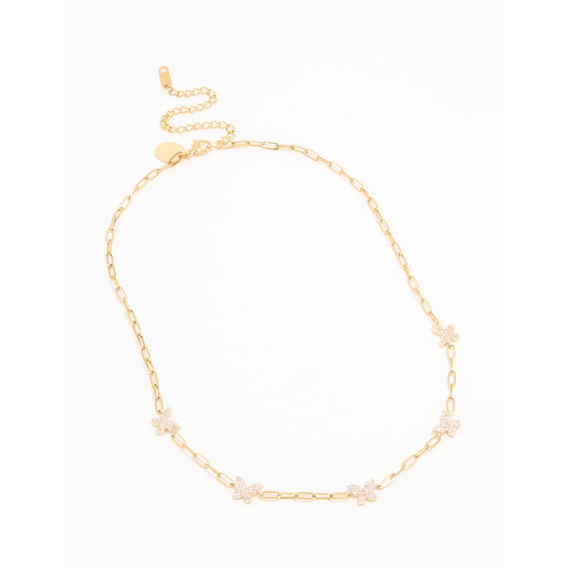 Waterproof Gold Plated Stainless Steel Cubic Zirconia Butterfly Chain Necklace