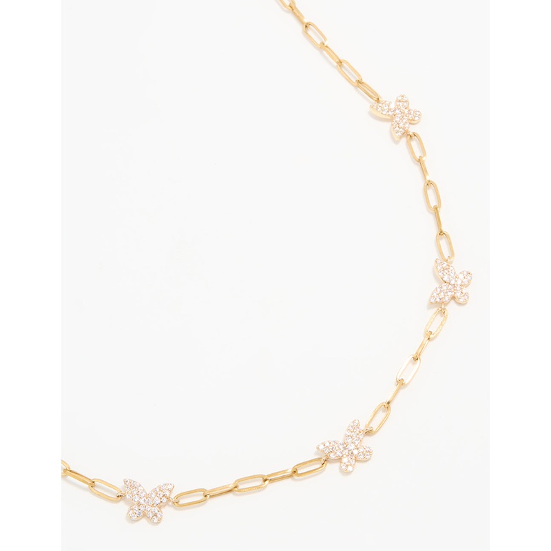 Waterproof Gold Plated Stainless Steel Cubic Zirconia Butterfly Chain Necklace