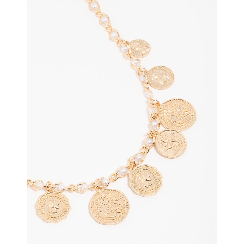 Antique Gold Pearl Coin Charm Necklace
