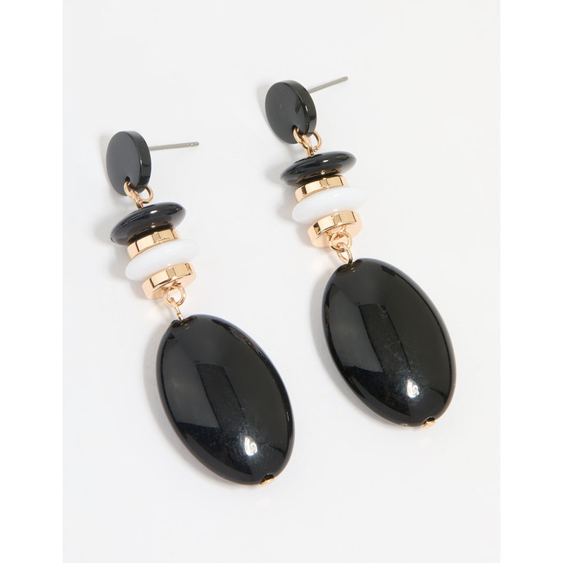 Gold Black Beaded Drop Earrings