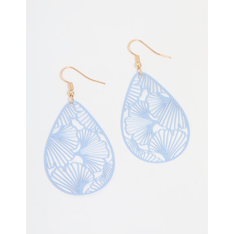 Gold Blue Filigree Pear Drop Earrings