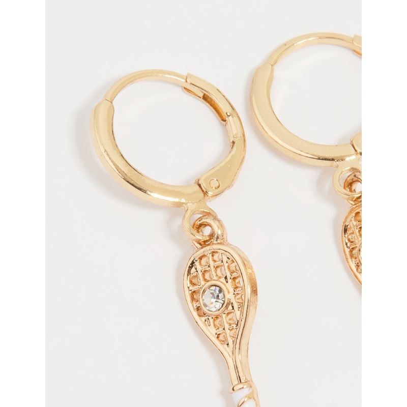 Gold Diamante Tennis Racket Huggie Earrings