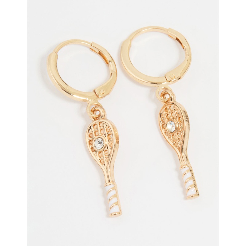 Gold Diamante Tennis Racket Huggie Earrings