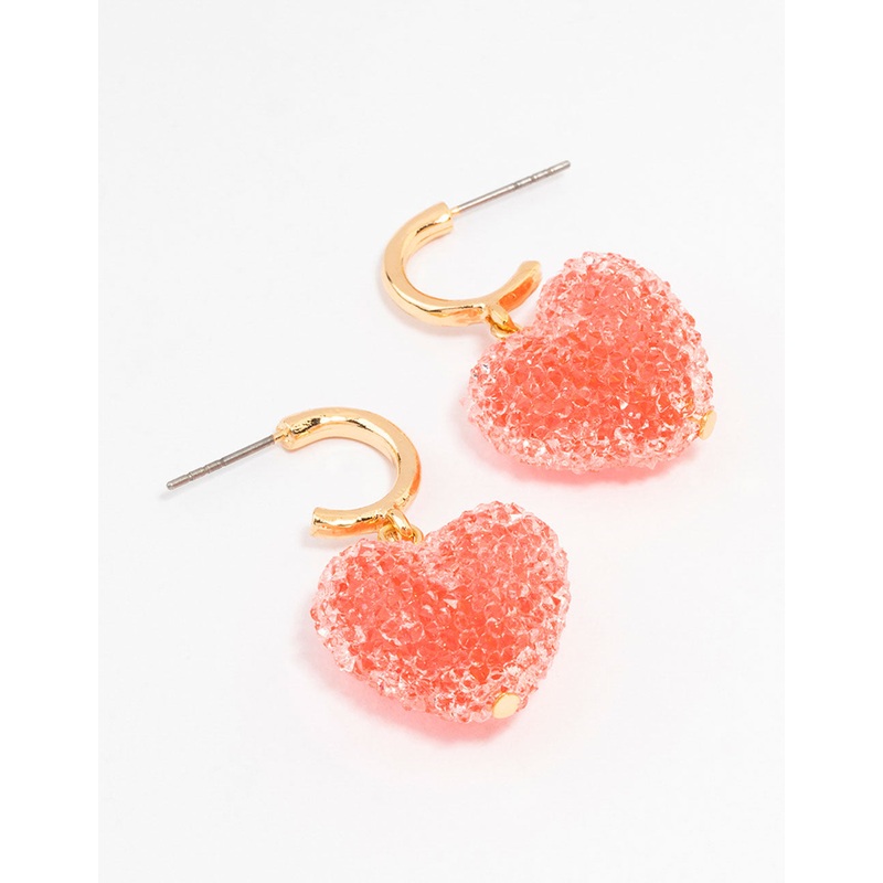 Gold Gummy Heart C Shaped Hoop Earrings