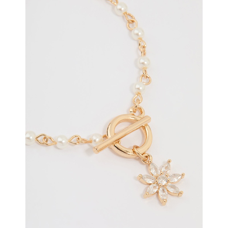Gold Pearl Cubic Zirconia Flower T&O Bracelet