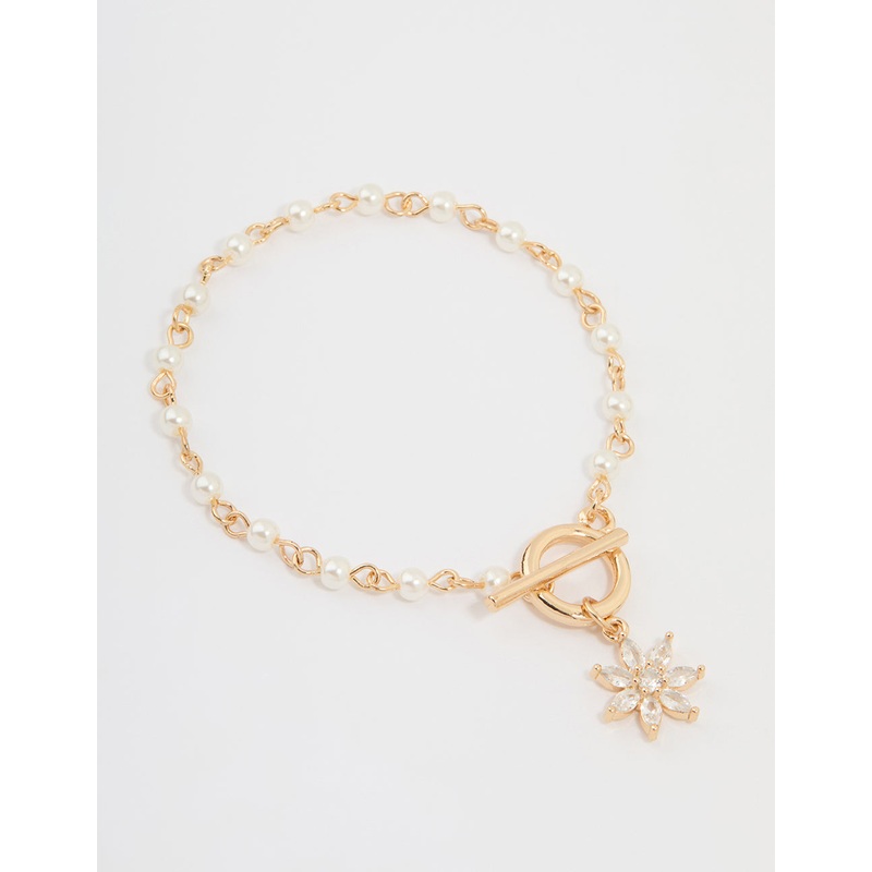 Gold Pearl Cubic Zirconia Flower T&O Bracelet