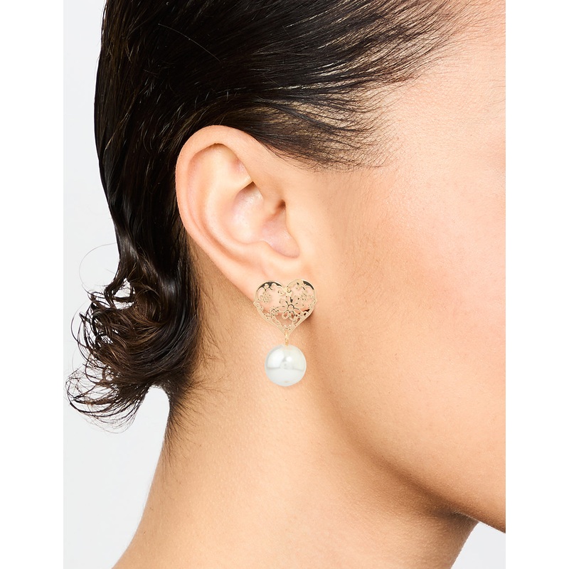 Gold Pearl Textured Heart Drop Earrings