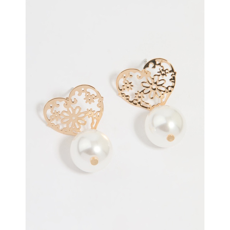 Gold Pearl Textured Heart Drop Earrings