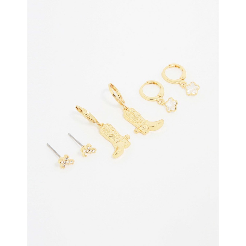 Gold Plated Cubic Zirconia Boot Earrings 3-Pack