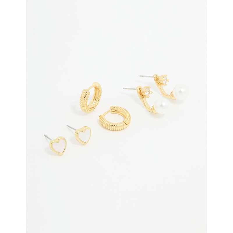 Gold Plated Heart & Pearl Earrings 3-Pack