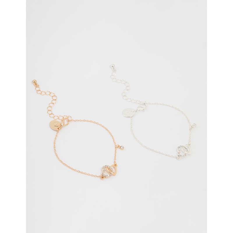 Mixed Metal Diamante Heart Link Bracelets 2-Pack