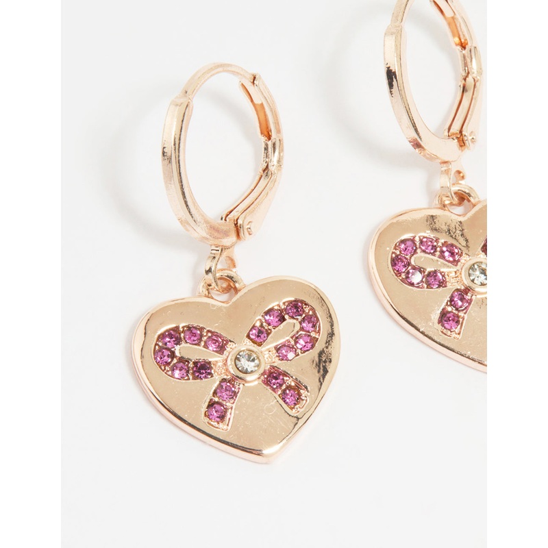 Rose Gold Heart Diamante Bow Huggie Earrings