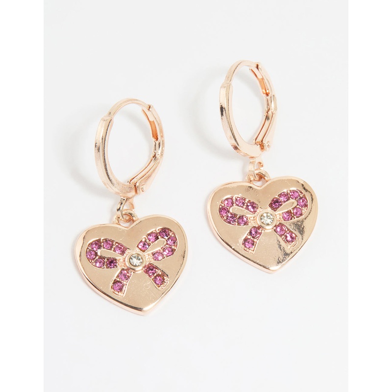 Rose Gold Heart Diamante Bow Huggie Earrings