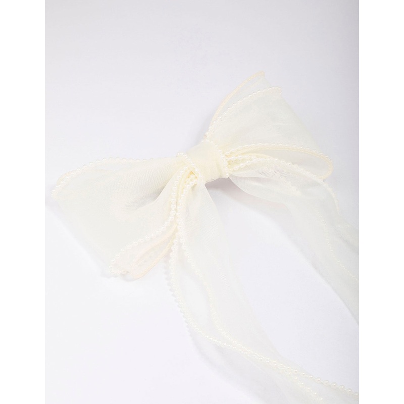 White Organza Fabric Pearl Twist Bow Hair Clip