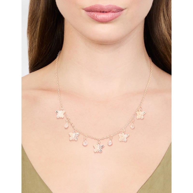 Gold Diamante Butterfly Drop Charm Necklace