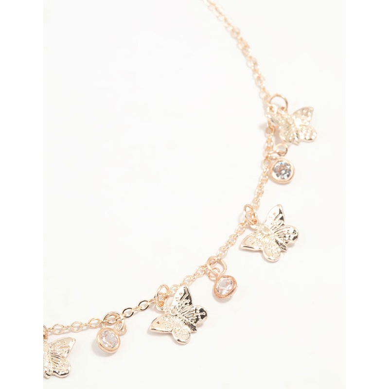 Gold Diamante Butterfly Drop Charm Necklace