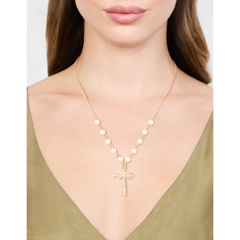 Gold Pearl Cross Diamante Pendant Necklace