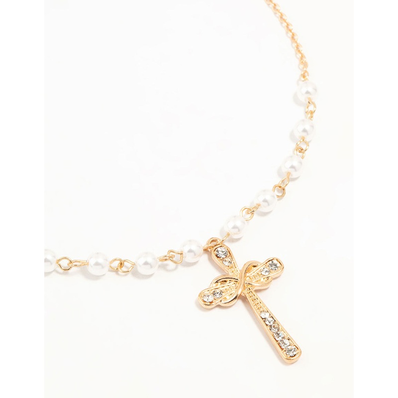 Gold Pearl Cross Diamante Pendant Necklace