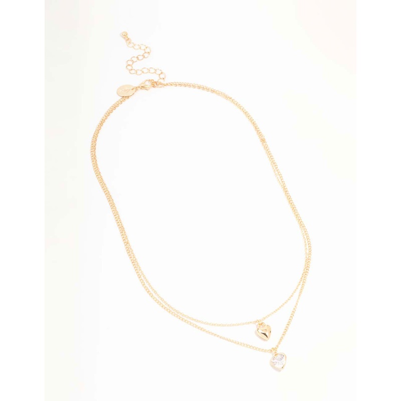 Gold Puffy Heart & Diamante Layered Necklace