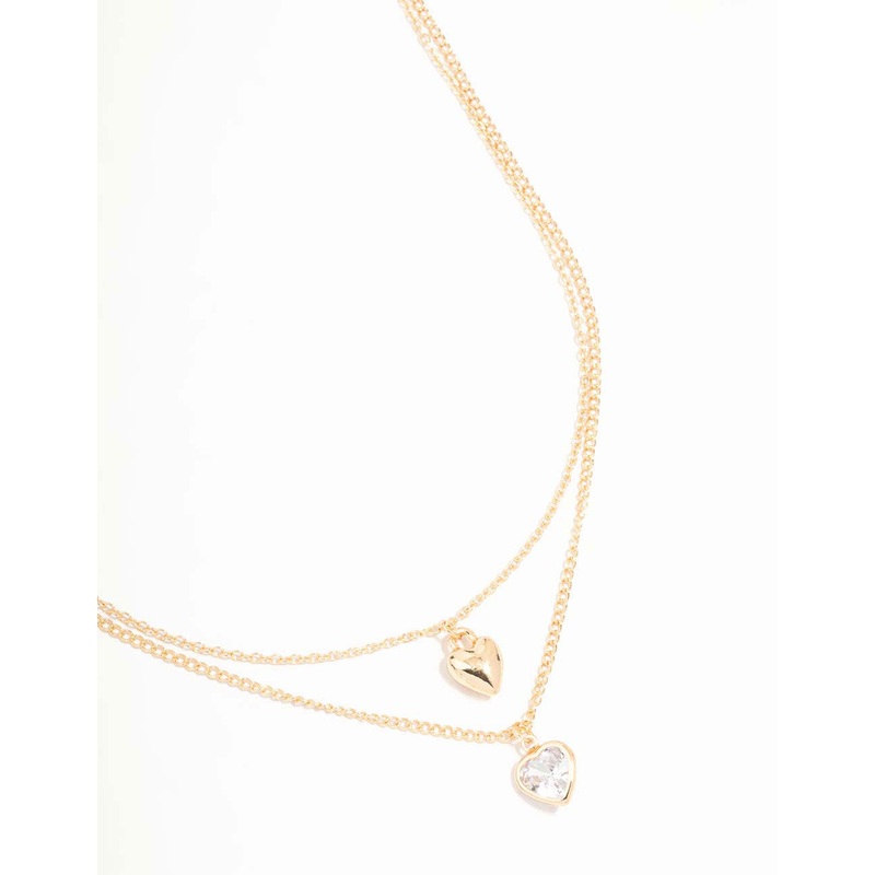 Gold Puffy Heart & Diamante Layered Necklace