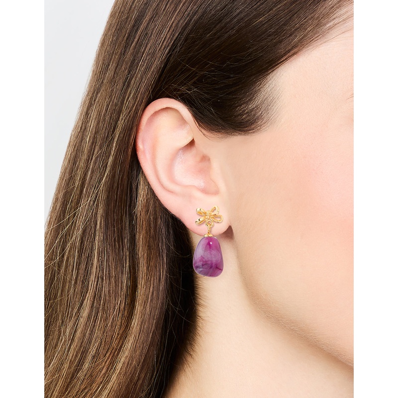 Gold Purple Stone & Bow Drop Earrings