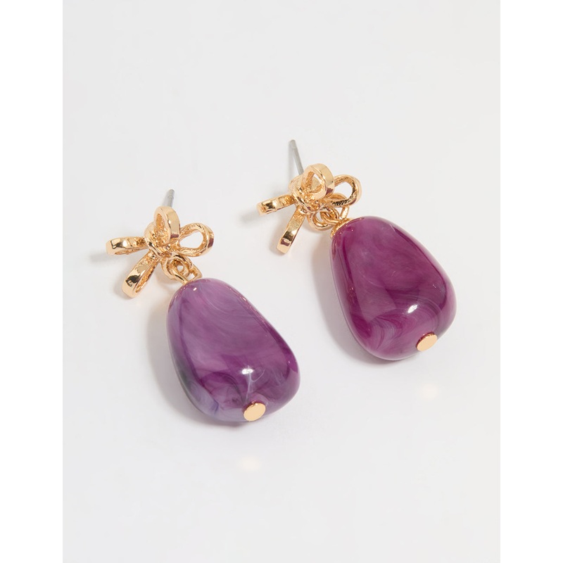 Gold Purple Stone & Bow Drop Earrings