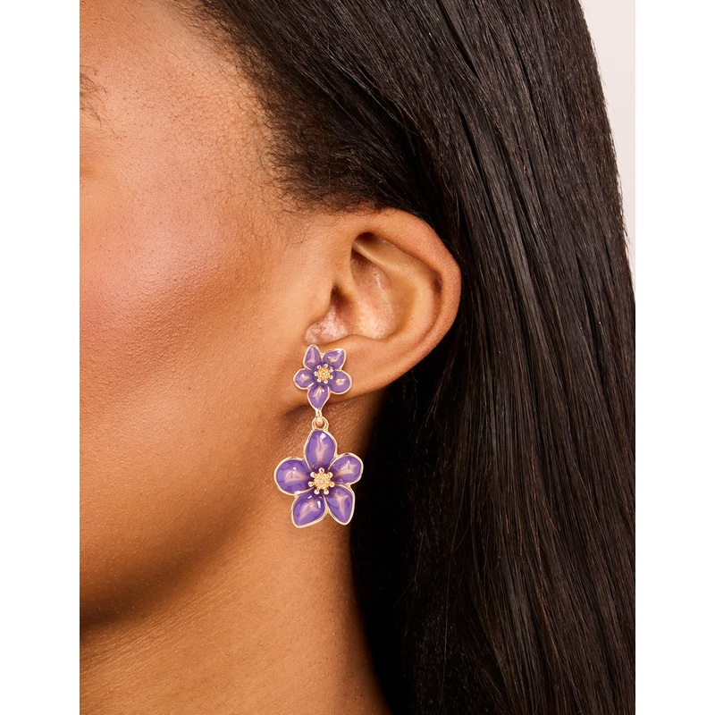 Gold Purple Tiered Flower Drop Earrings