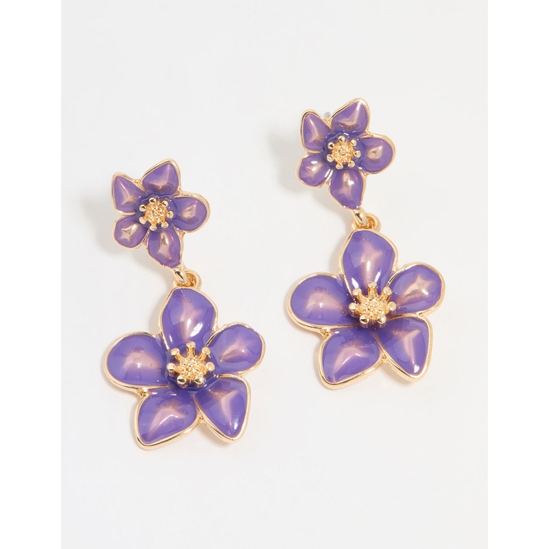 Gold Purple Tiered Flower Drop Earrings
