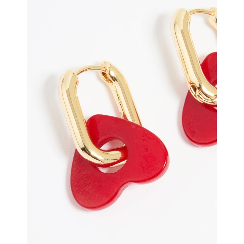Gold Red Acrylic Heart Hoop Earrings
