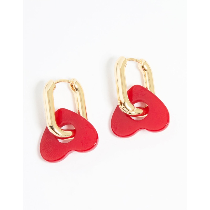 Gold Red Acrylic Heart Hoop Earrings