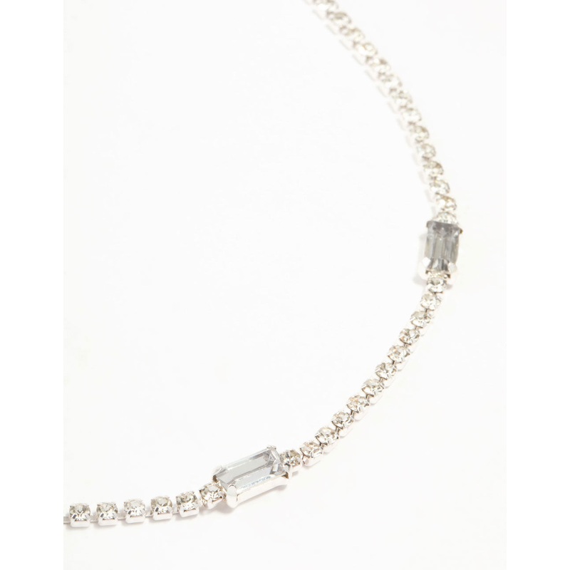 Silver Cupchain Baguette Cut Diamante Station Necklace