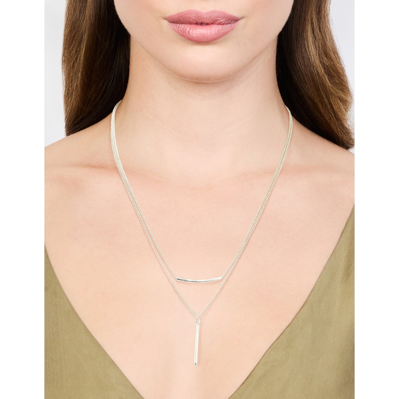 Silver Double Chain Bar Layered Necklace