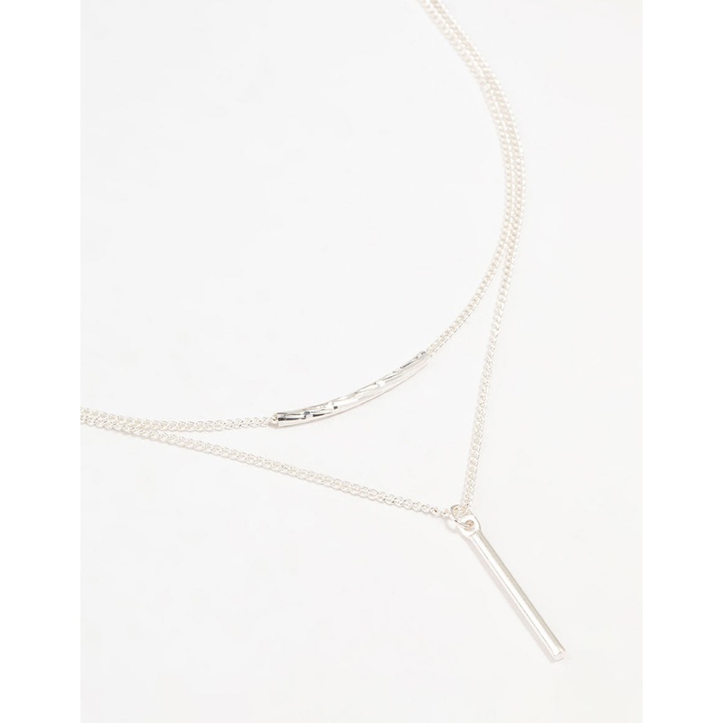 Silver Double Chain Bar Layered Necklace