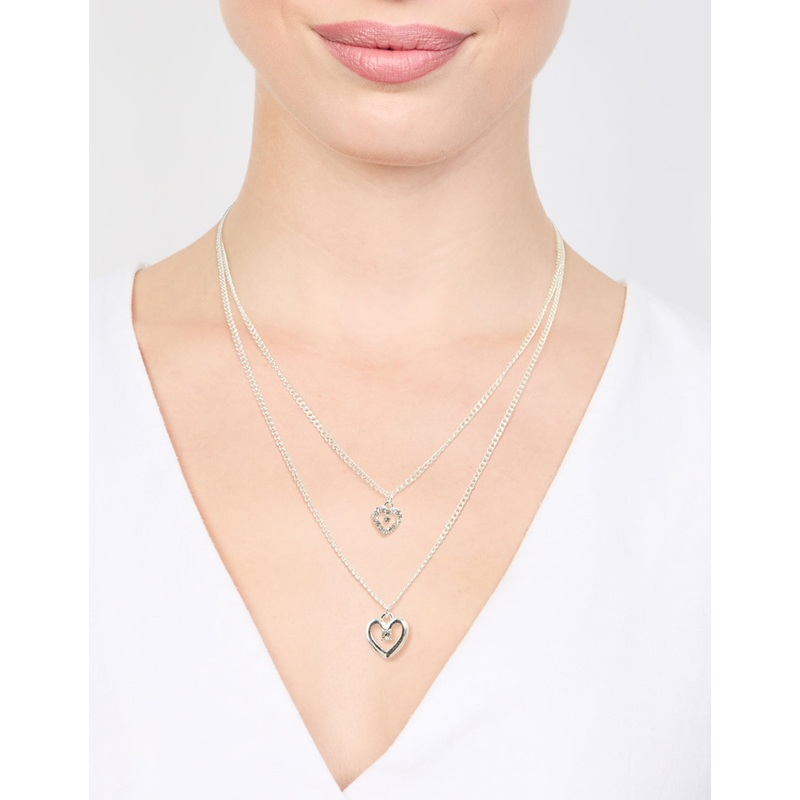 Silver Double Chain Heart Diamante Necklace