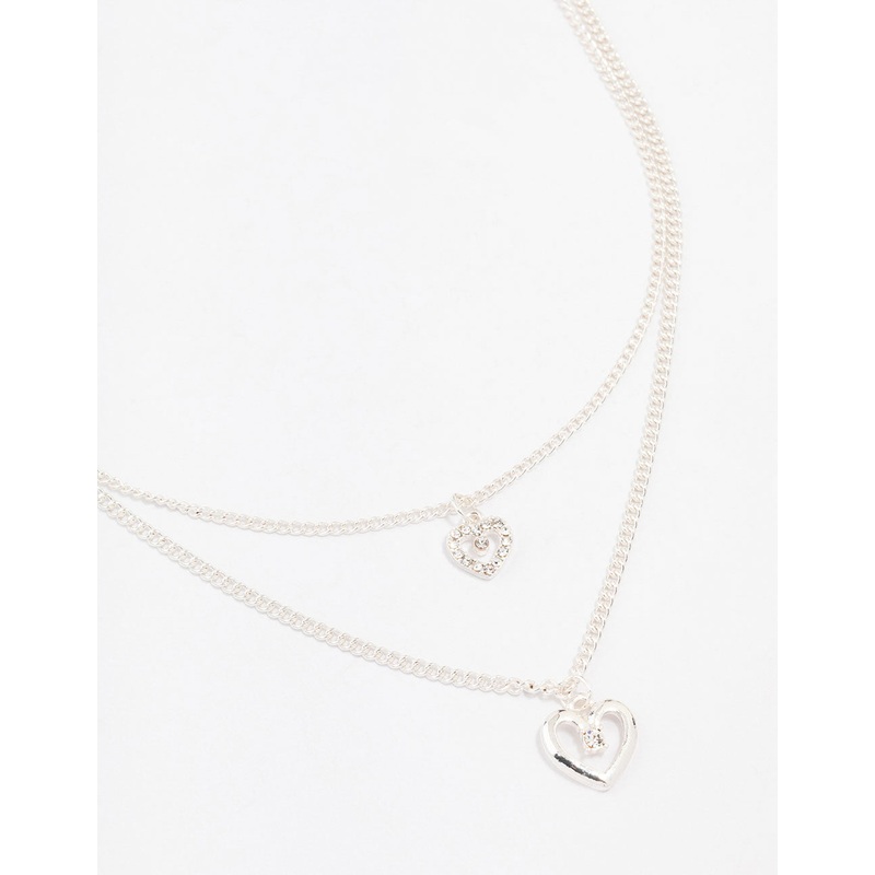Silver Double Chain Heart Diamante Necklace
